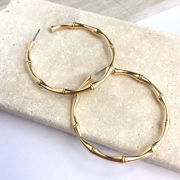 Jewelry - Large Bamboo Gold Hoop Earrings ~ NEW